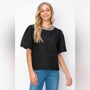 Black Elegant Textured Top With Pearls Women's Events Casual Size S NWOT